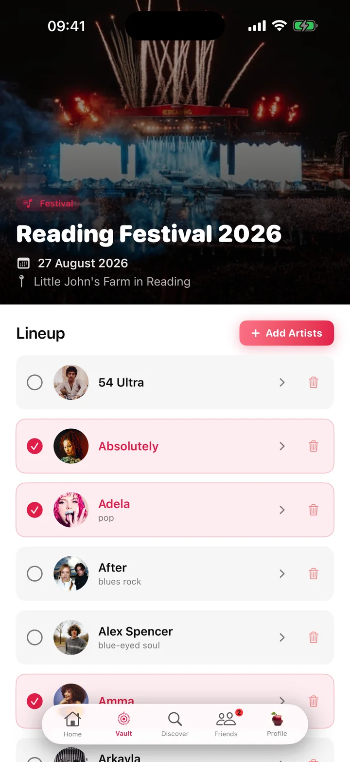 Reading Festival 2026 lineup in FestiVault, with the sets seen ticked