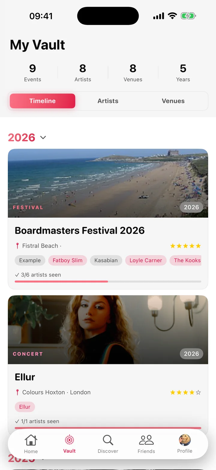 My Vault timeline in FestiVault, showing Boardmasters Festival 2026 and an Ellur gig